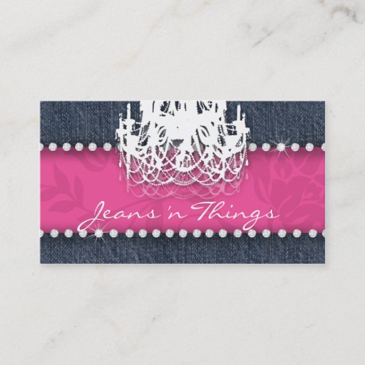デニムnのダイヤモンドのシャンデリアの花柄のピンク 名刺 (正面)