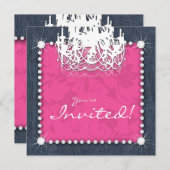 デニムnのダイヤモンド結婚式のシャンデリアの花柄のピンク 招待状 (正面/裏面)