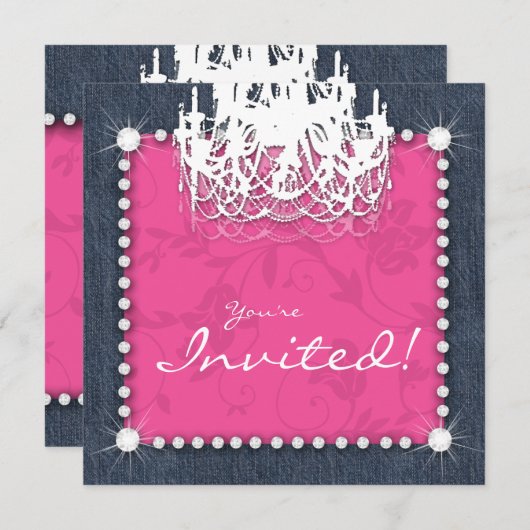 デニムnのダイヤモンド結婚式のシャンデリアの花柄のピンク 招待状 (正面/裏面)