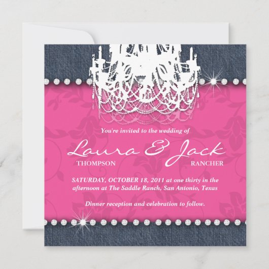 デニムnのダイヤモンド結婚式のシャンデリアの花柄のピンク 招待状 (裏面)