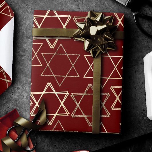 デビッドパターンの星 |赤モダンの金ゴールド ラッピングペーパー