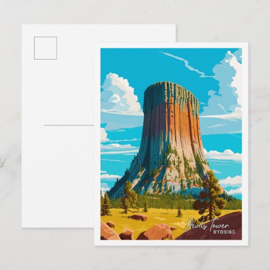 デビルスタワー ワイオミング州 ヴィンテージ 旅行 イラスト ポストカード (正面/裏面)