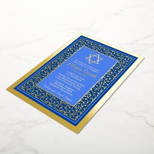 デビ実在ッドバルミツワーのゴールドフォイルブルースター 箔招待状 (回転した状態)
