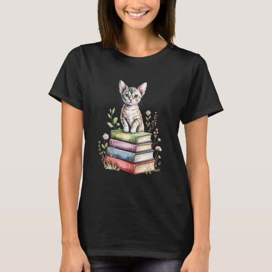デボンレックスの本の虫 花 読書 本 ピクシィ Tシャツ (正面)