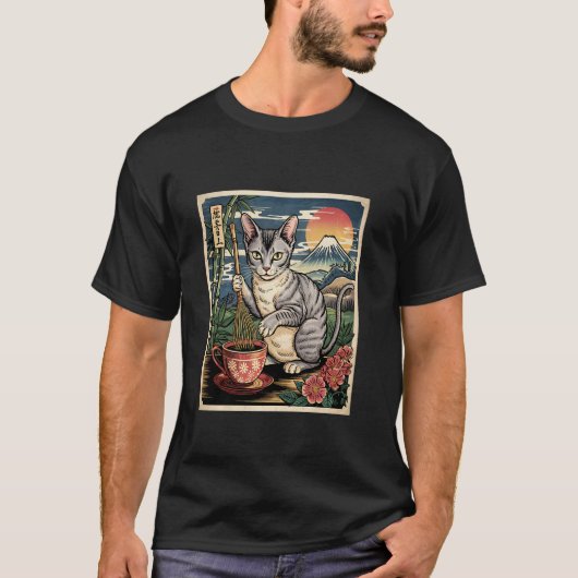 デボンレックスの猫が日本風浮世絵の富士山で紅茶を作る Tシャツ (正面)