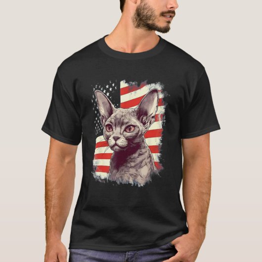 デボンレックスの猫 アメリカ国旗 7月4日 Tシャツ (正面)