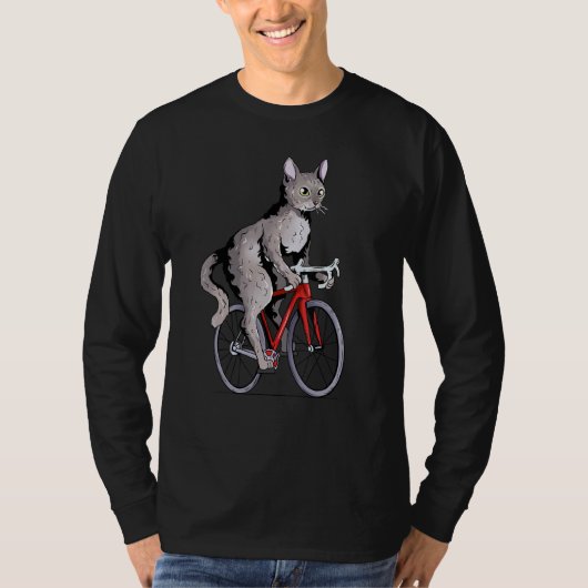 デボンレックス猫乗り自転車かわいいバイクもしくは自転車に乗る人自転車乗り Tシャツ (正面)
