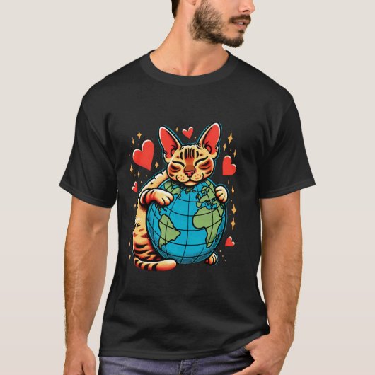 デボンレックス+猫+アースデイ+ハグ+愛+飼い主+地球+愛 Tシャツ (正面)
