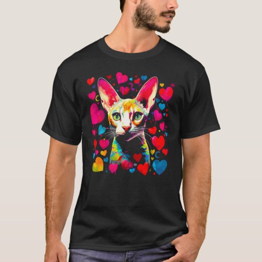 デボンレックス 猫 ピンク色 赤 ハート Tシャツ (正面)
