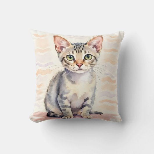 デボン・レックス猫 水彩 波線アート クッション (正面)