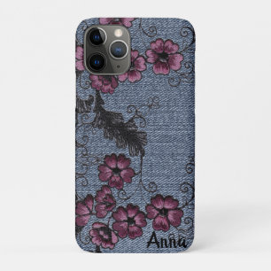 *~*デミン黒巻きピンクの花 iPhone 11 PROケース