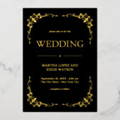 デモダンコ |エレガントなウェディングブラックと金ゴールド 箔招待状 (正面)