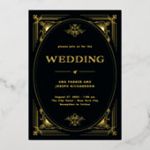 デモダンコ |エレガントなウェディングブラックと金ゴールド 箔招待状 (正面)