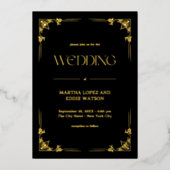デモダンコ |エレガントなウェディングブラックと金ゴールド 箔招待状 (正面)