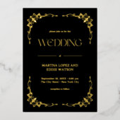 デモダンコ |エレガントなウェディングブラックと金ゴールド 箔招待状 (正面)