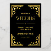 デモダンコ |エレガントなウェディングブラックと金ゴールド 箔招待状 (正面)