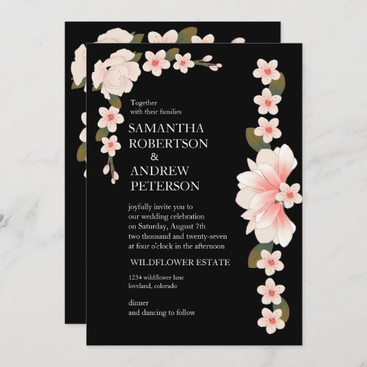 デモダンコ |エレガントオニキス黒と白結婚色 招待状 (正面/裏面)