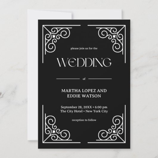 デモダンコ |エレガントオニキス黒と白結婚色 招待状 (正面)