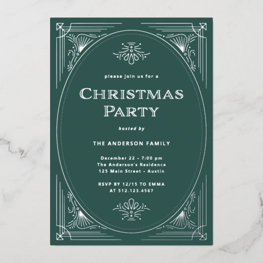 デモダンコ |エレガントグリーンクリスマスパーティーシルバー 箔招待状 (正面)