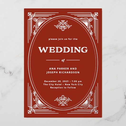 デモダンコ |エレガント赤い結婚休日 箔招待状 (正面)