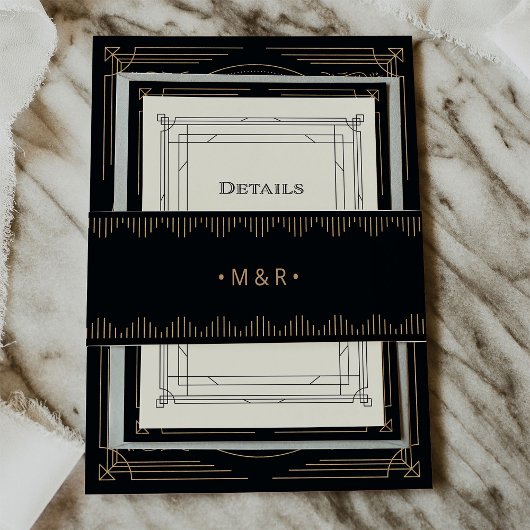 デモダンコ |エレガント黒とフェイク金ゴールド結婚 招待状ベリーバンド