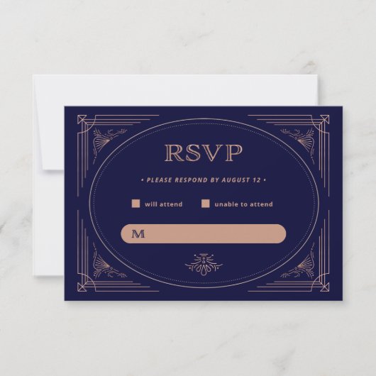 デモダンコ |フェイクバラ金ゴールドとネイビー結婚ブルー 出欠カード (正面)