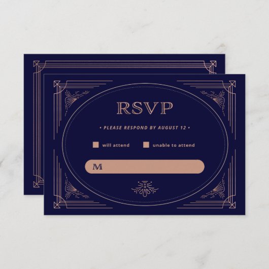 デモダンコ |フェイクバラ金ゴールドとネイビー結婚ブルー 出欠カード (正面/裏面)