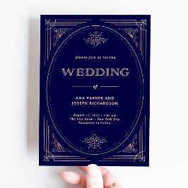 デモダンコ |フェイクバラ金ゴールドとネイビー結婚ブルー 招待状