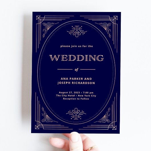 デモダンコ |フェイクバラ金ゴールドとネイビー結婚ブルー 招待状