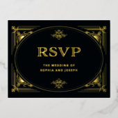 デモダンコ |ブラックエレガントと金ゴールドのウェディングRSVP 箔招待状ポストカード (正面)