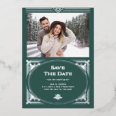 デモダンコ |緑の休日の写真の日付を保存 箔招待状 (正面)