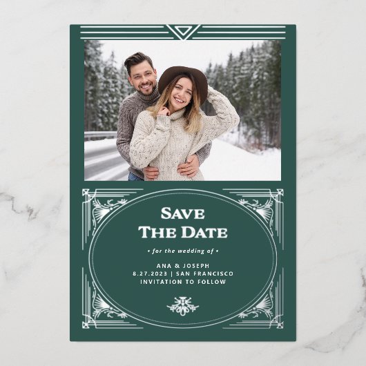 デモダンコ |緑の休日の写真の日付を保存 箔招待状 (正面)