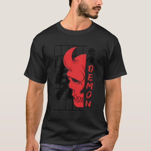 デモン日本のオニマスクアート顔スカルデビルハラ Tシャツ (正面)