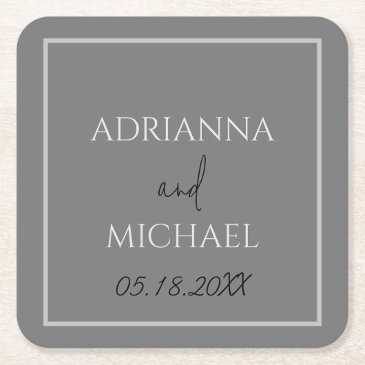 デュアルグ結婚レイのカップルの名前と日付ホワイト スクエアペーパーコースター (正面)