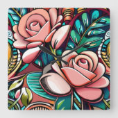 デュアルバラ:壮大なフローラ配置 スクエア壁時計 (正面)