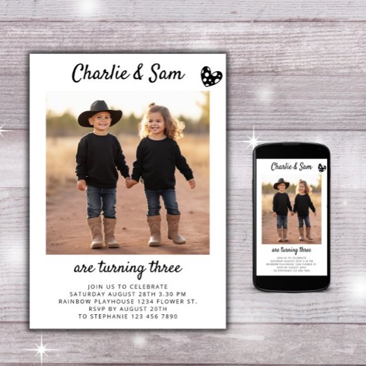 デュアル兄弟姉妹ポートレートフォトボミニマルホ誕生日 招待状