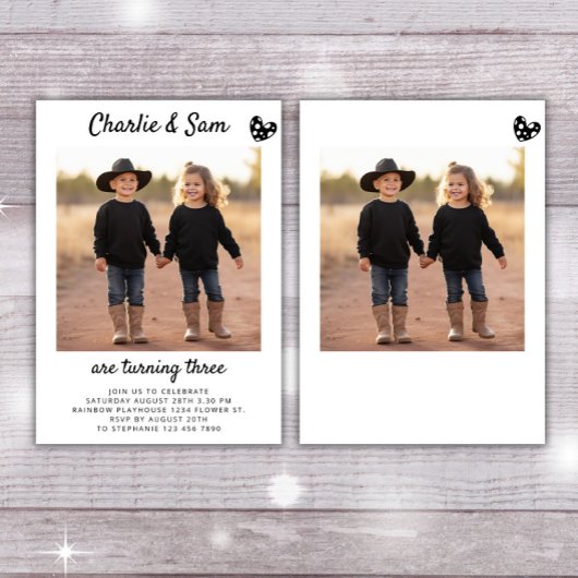 デュアル兄弟姉妹ポートレートフォトボミニマルホ誕生日 招待状