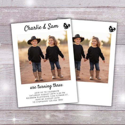 デュアル兄弟姉妹ポートレートフォトボミニマルホ誕生日 招待状