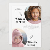 デュアル兄弟姉妹ポートレートフォトボミニマルホ誕生日 招待状 (正面/裏面)