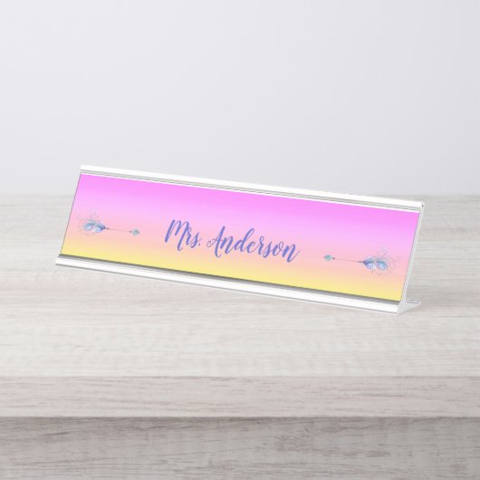 デュアル羽の付いたボホパーソナライズされた矢印デスク名 デスクネームプレート (正面)