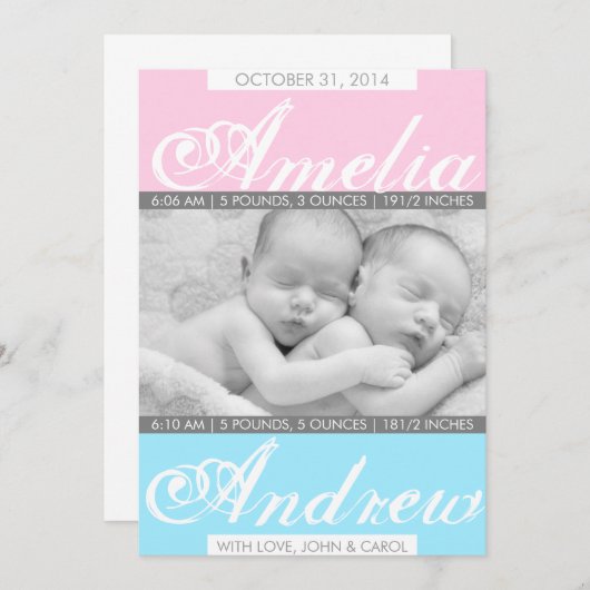 デュオトーン、双子の誕生のお知らせ 案内状 (正面/裏面)