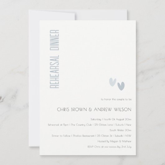 デュスキミニマルーエレガントブルーハートリハーサルディナー 招待状 (正面)