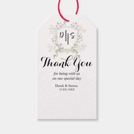 デュスキーのワイルドフラワーモノグラム結婚クレスト ギフトタグ (正面)