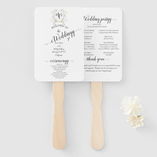 デュスキーのワイルドフラワーモノグラム結婚クレスト ハンドファン (正面&裏面)