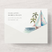 デュスキーエレガントティール(緑がかった色)シルボートパームシースケープ結婚ス オールインワン招待状 (裏面)