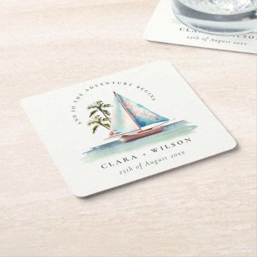 デュスキーエレガントティール（緑がかった色）シルボートパームシースケープ結婚ス スクエアペーパーコースター (アングル)