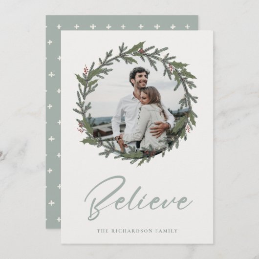 デュスキーセージ緑のクリスマスリース信じ写真 シーズンカード (正面/裏面)