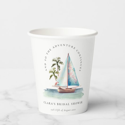 デュスキーティール(緑がかった色)シルボートパームシースケープブライダルシャワー 紙コップ (裏面)