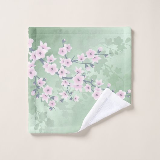 デュスキーピンクさくらんぼブロッサムグリーン背景フローラ バスタオルセット (ウォッシュタオル)