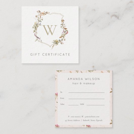 デュスキーピンクのワイルドフラワークレストのギフト券 スクエア名刺 (正面/裏面)